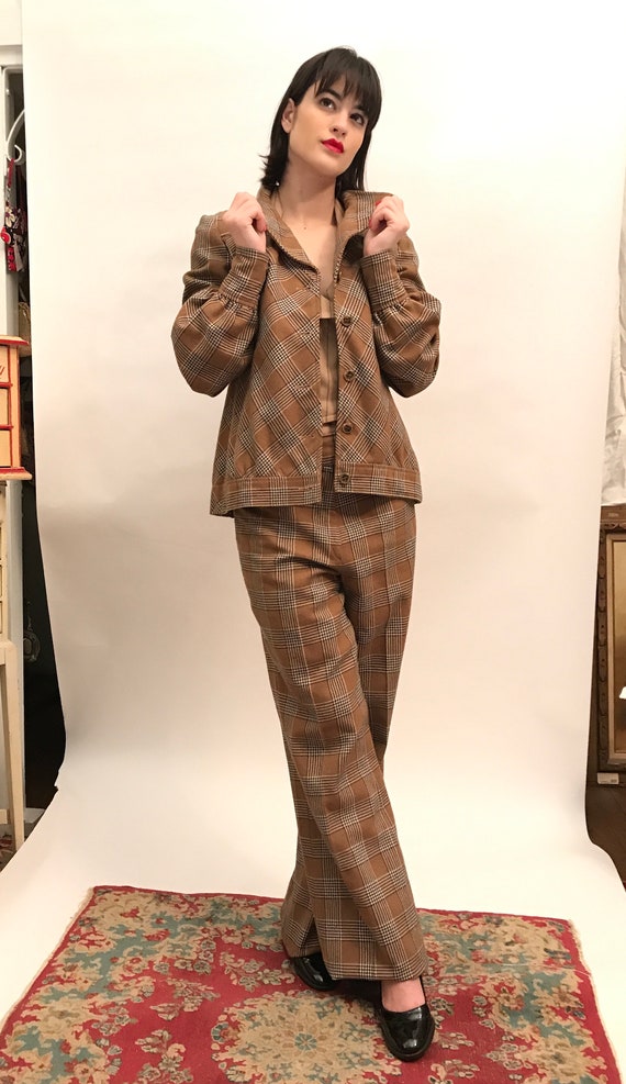 70's brown plaid jacket/pants polywool suit