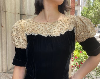 30s Rare vintage dress, black silk velvet w floral lace and rhinestones around the front back and sleeves , short puffy sleeves