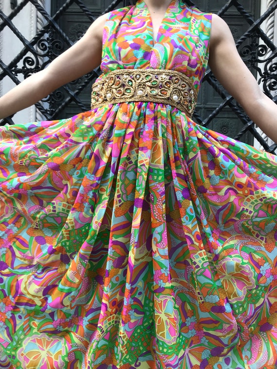 60's neon multi color maxi dress, party dress, be… - image 5