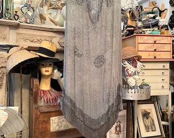 20s Beaded Flapper Evening Dress in light grey Chiffon with amazing transparent glass beads,open back with long beading strands