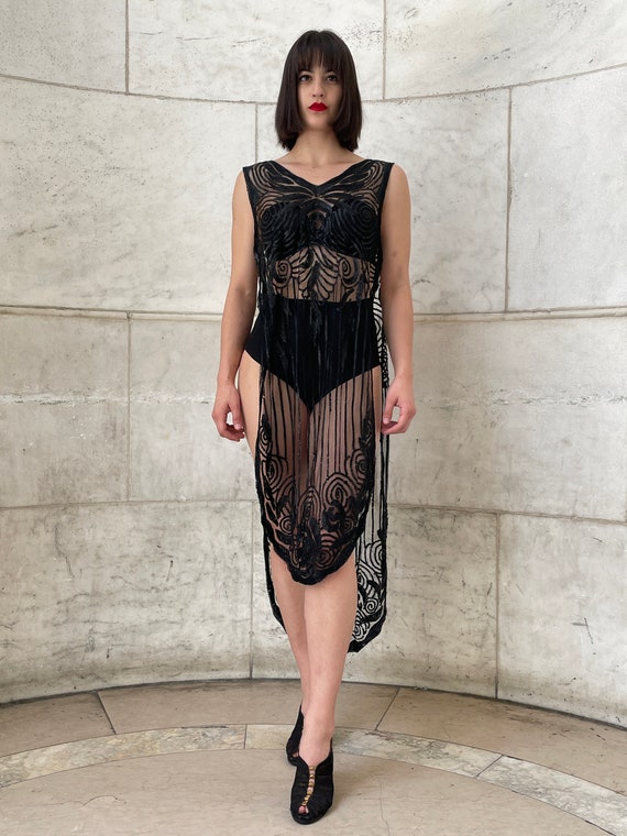 1920s Black Sexy silk Mesh Tabard Style Dress with