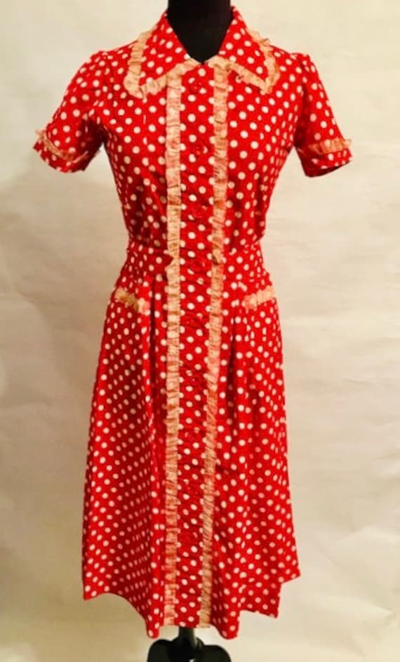 30’s Cotton Red Polka Dot with Lace All Around Dre
