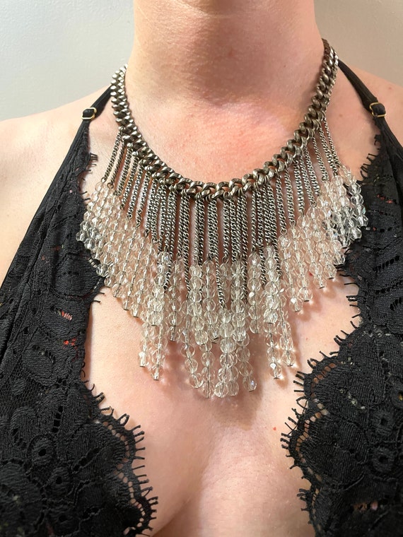 90s Lee Angel Necklace. Glistening Silver Crystal Drop Fringe