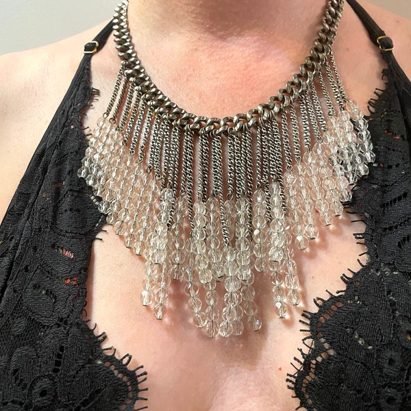 90s Lee Angel Necklace.  Glistening silver Crystal Drop Fringe Necklace