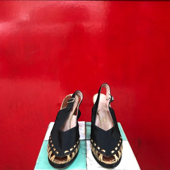 40's Delman black satin and gold heels