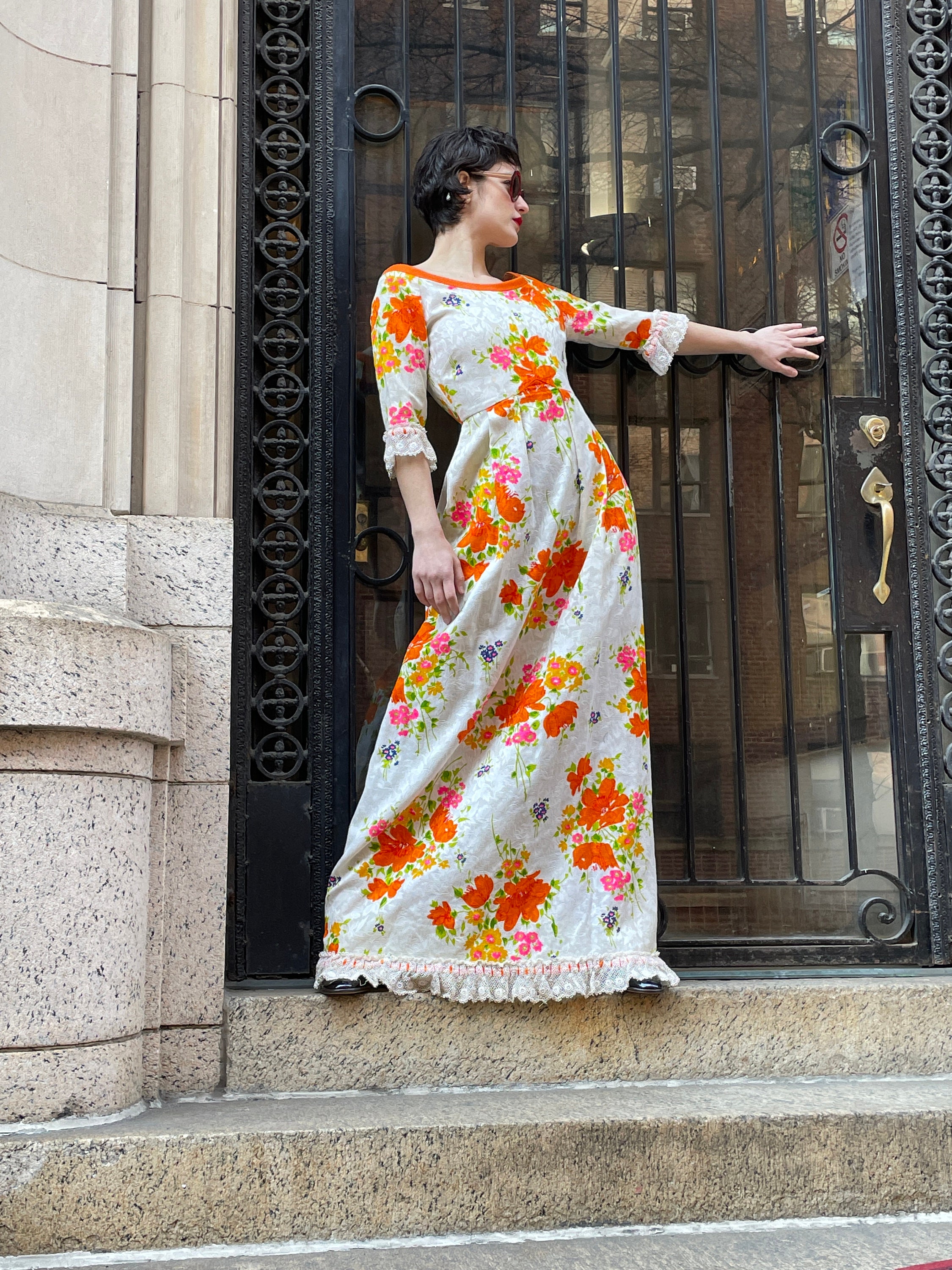 70's Maxi Dress With Long Sleeve, By Tina Leser Orange Floral Print | Yellow, Pink, Green, Blue, Boat Neck