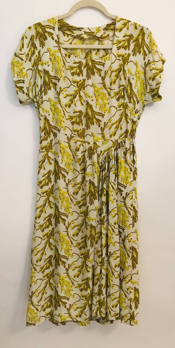 40's Rayon dress Cream green and yellow floral des