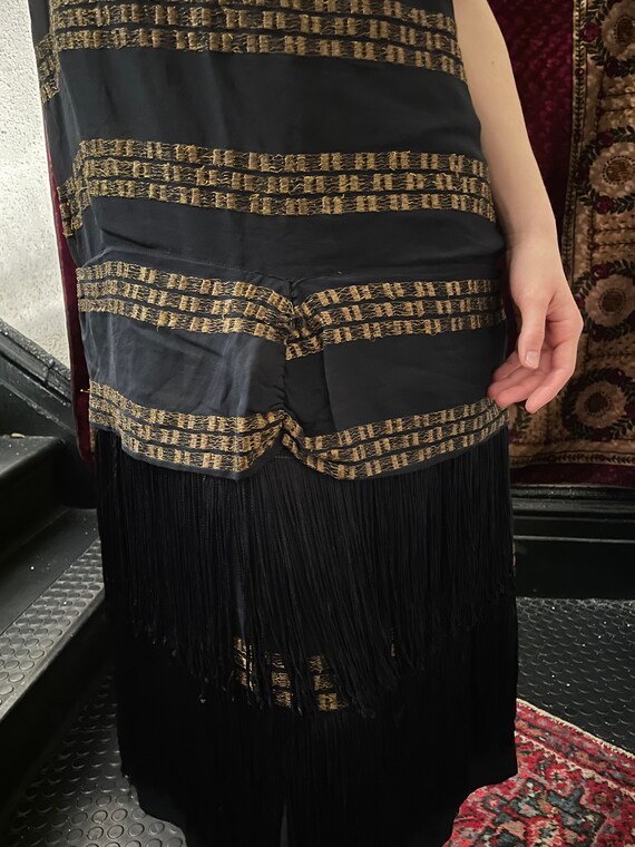 20's Black Silk Flapper Dress W 8 Horizontal Panels of Gold Threading  Details, 2 Layers of Silk Fringe, Sleeveless, V-neck, Front Gathering - Etsy