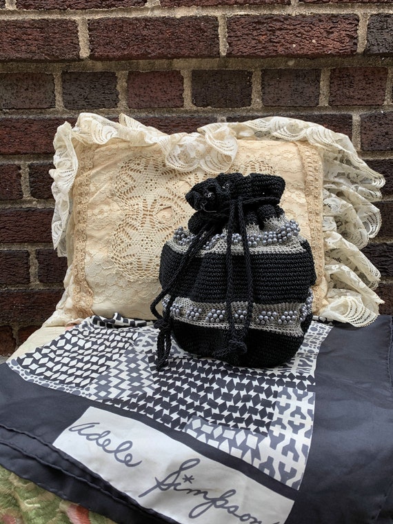 40's black and silver crochet drawstring bag