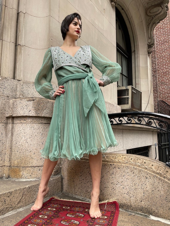 knee length dresses for ladies Pleats Please Moss Green Long Sleeve Pleats Dress pp38jh167 main image 1