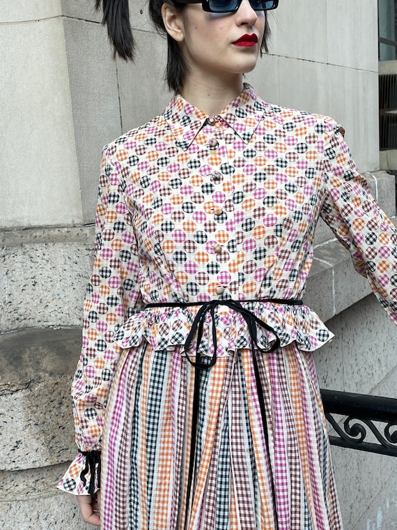 70's Cotton Maxi Dress ,circle Stripe Print, Multi Color