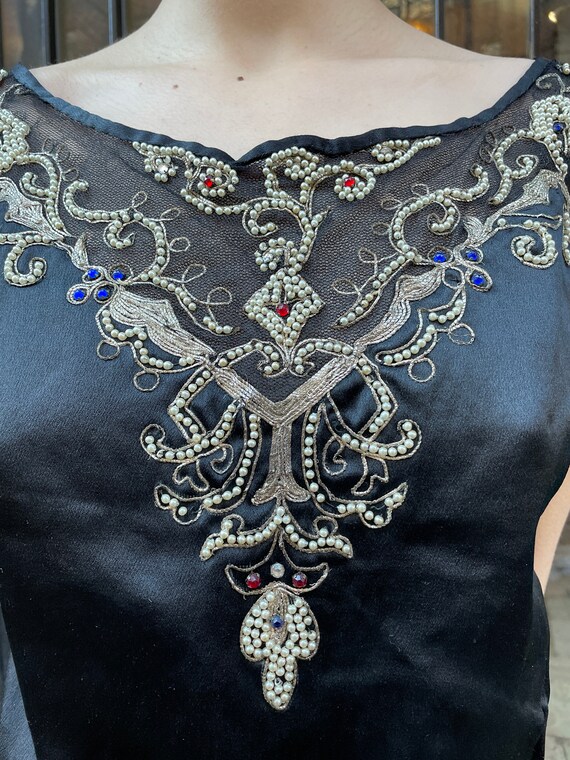 20s silk satin black top. bejeweled short sleeve … - image 2