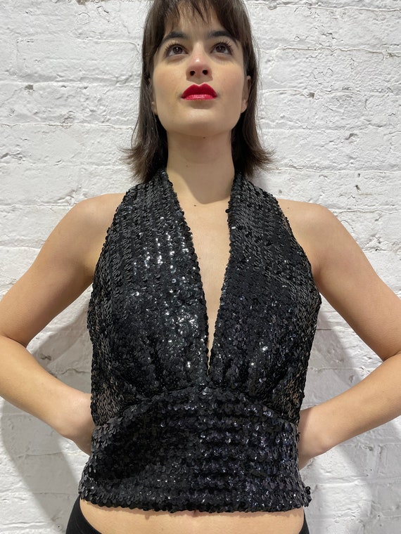 60s black sequin halter top, very sexy and glamor - image 4