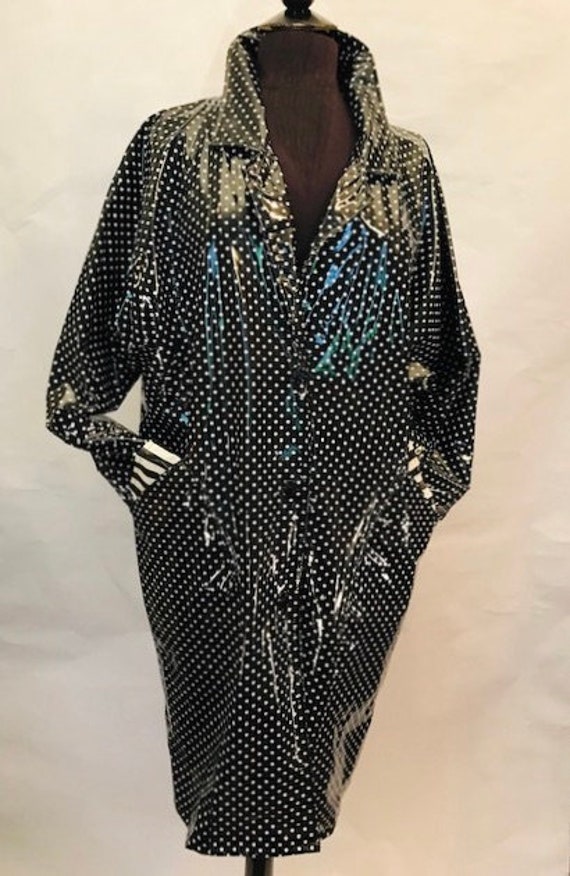 80’s Vinyl Black Polka Dot Rain Coat with Black an