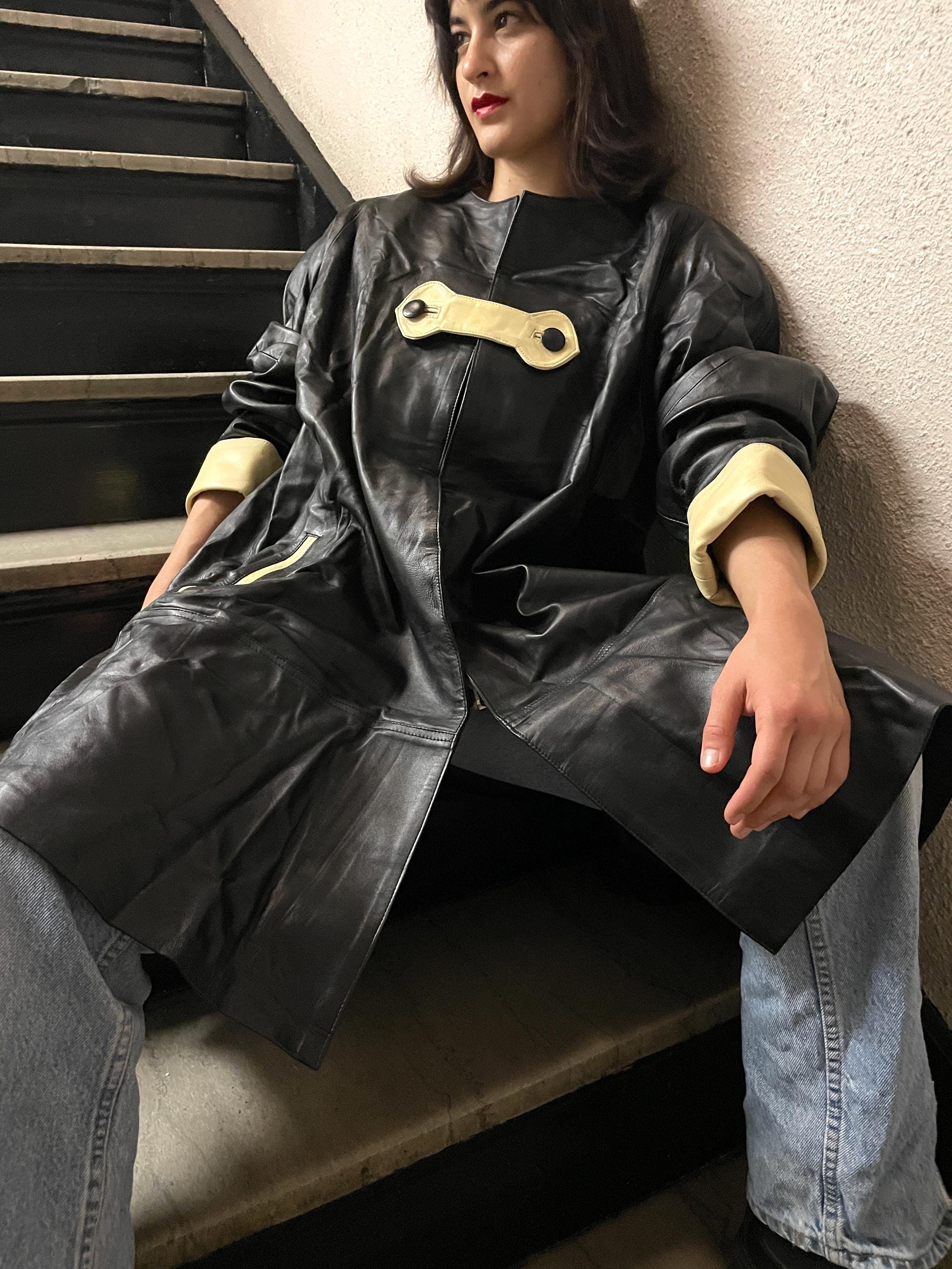 80s Black Leather A Line Coat, Big Shoulder No Collar, Yellow Leather Toggle, Yellow Slit Pockets , Yellow Cuff - Etsy 80s Black Leather A Line Coat, Big Shoulder No Collar, Yellow Leather Toggle, Yellow Slit Pockets , Yellow Cuff - Etsy