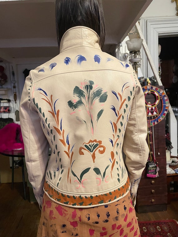 70s beige Leather jacket. hand painted. versatile… - image 8