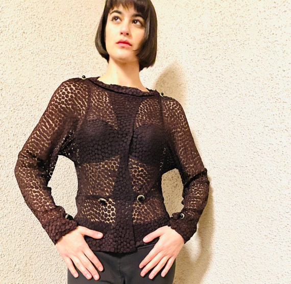 30s 40s black sheer lace mesh top - Statement des… - image 1