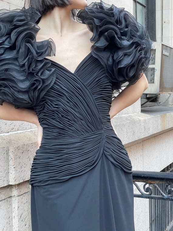 80s black dress with big gigantic dramatic tulle … - image 2