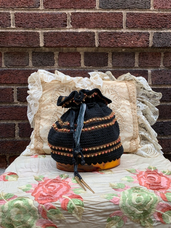 40's black and gold crochet drawstring bag