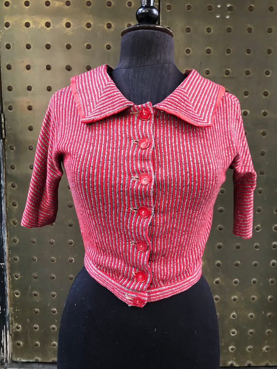 40's red and gray striped cardigan