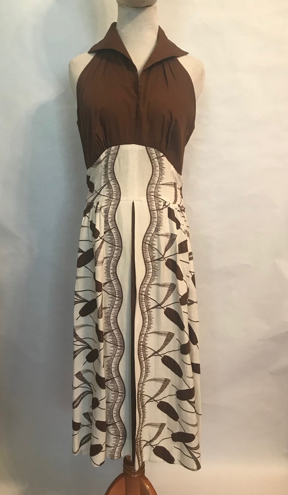 60s Linen Brown and White Halter Maxi Dress
