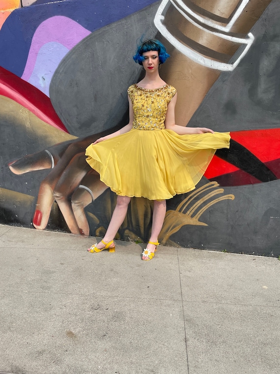 60s Yellow Chiffon Dress With Sequins on Top. Dress by Mollie Stone, Fit and Flare, Cap Sleeves, Party, Cocktail Dress - Etsy 60s Yellow Chiffon Dress With Sequins on Top. Dress by Mollie Stone, Fit and Flare, Cap Sleeves, Party, Cocktail Dress - Etsy