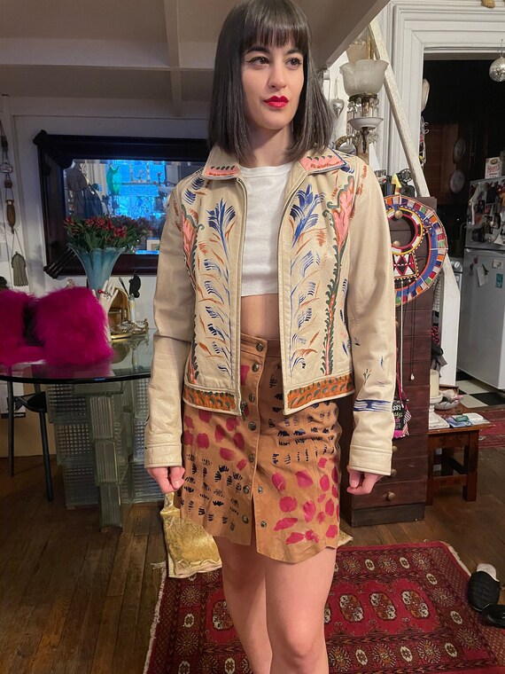 70s beige Leather jacket. hand painted. versatile… - image 1