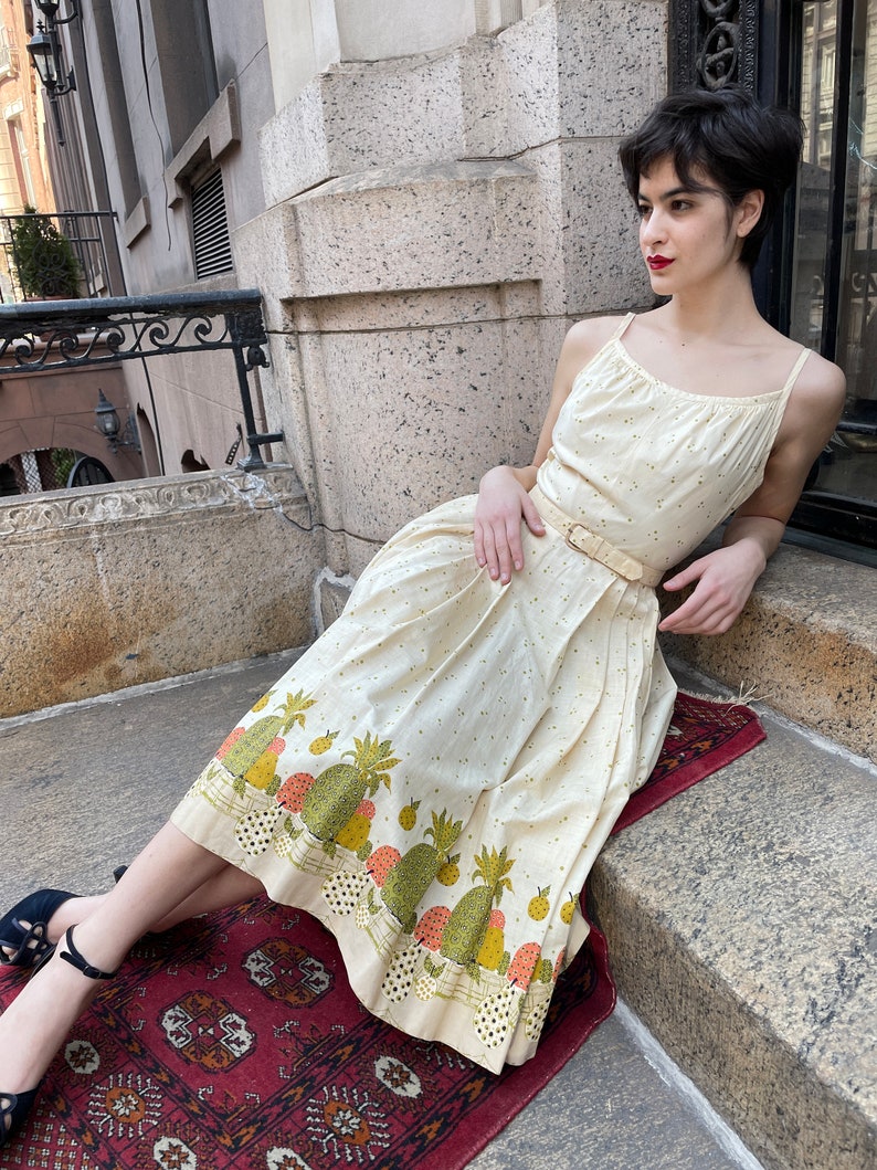 50's Cotton Fruit Motif Dress W/ Spaghetti Straps. Fit and Flare, Full