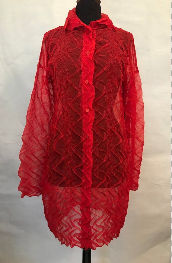 80's Red Issey Miyake Permanente Crinkled Shirt