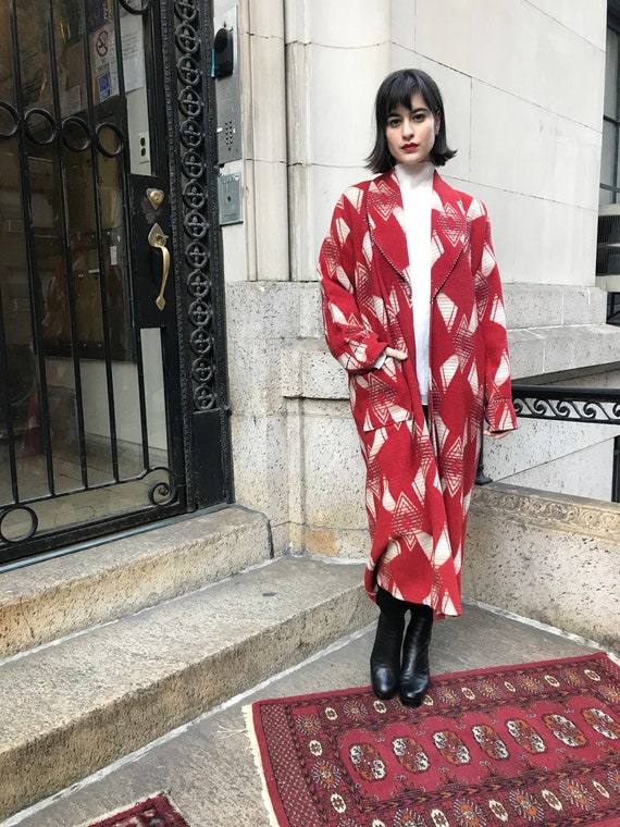 40's unisex red and cream Geometric coat - 40's co