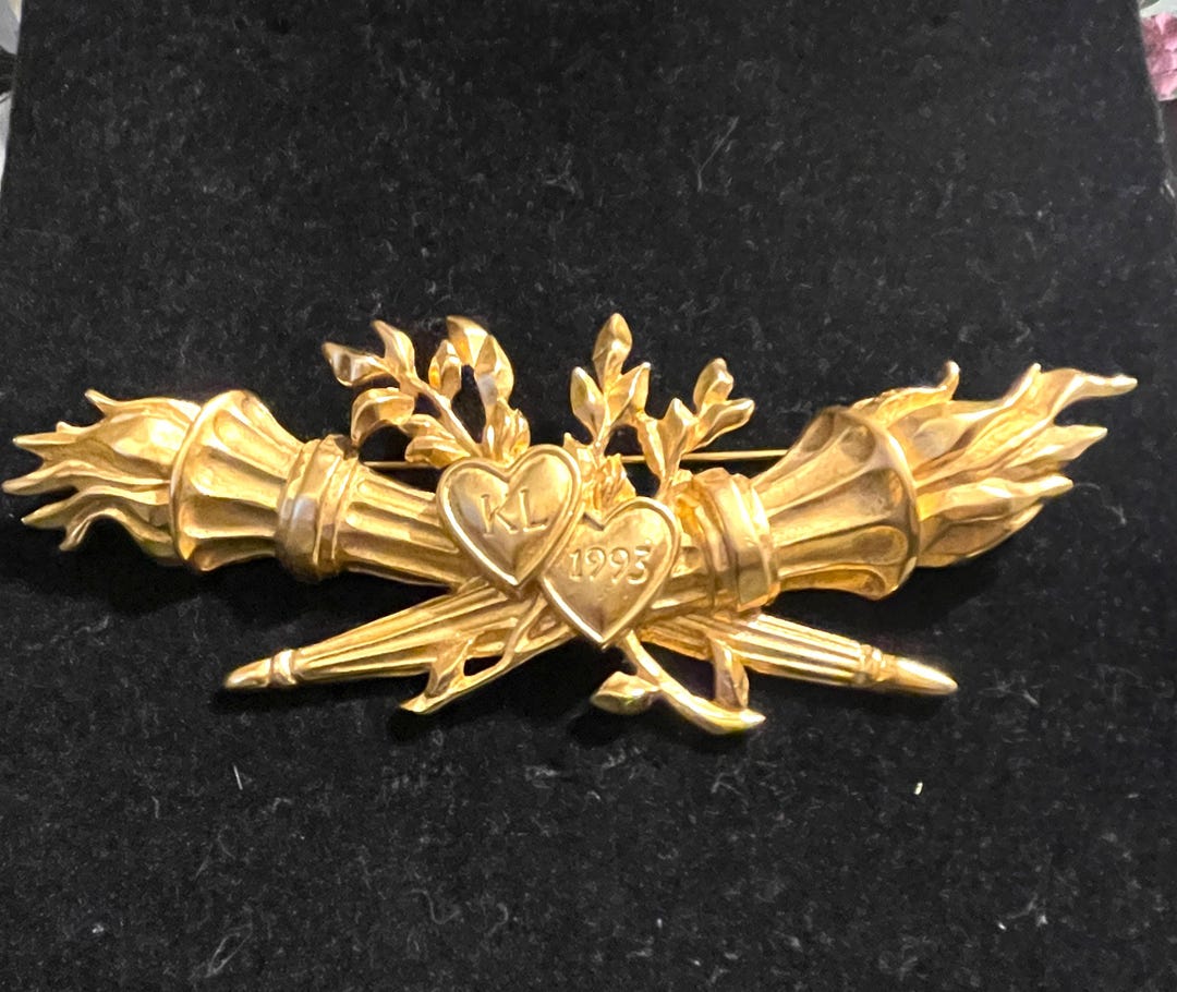 1993 Rare Karl Lagerfeld Brooch Flaming Crossed Torches With Two 1993-rare-karl-lagerfeld-brooch-flaming-crossed-torches-with-two