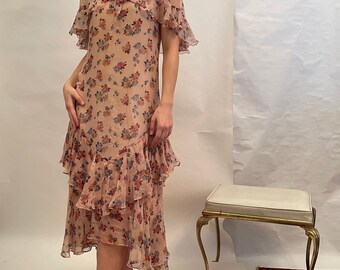 30's pink chiffon, floral printed dress ,flowers of red and greys,  beautiful and romantic