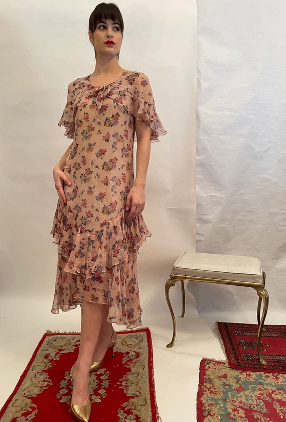 30's pink chiffon, floral printed dress ,flowers o