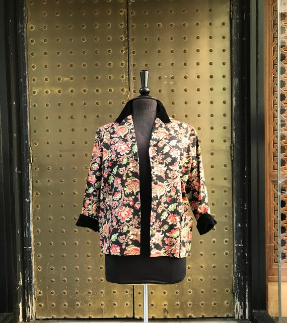 50's jacket with printed flowers and rhinestones … - image 1