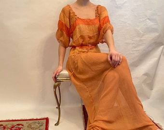 30's chiffon gown, with two tone orange colors, short sleeve dress and belt, 30's fashion, 30's style