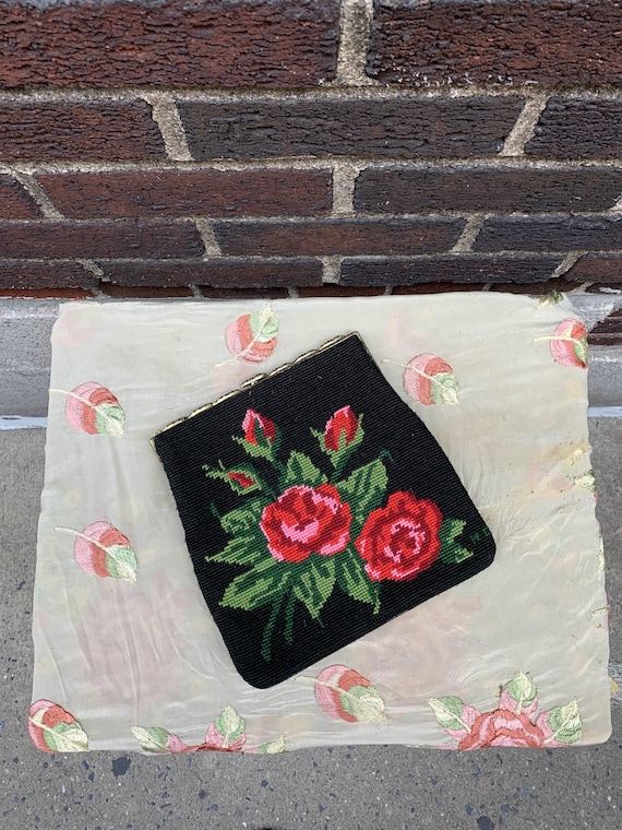 50's rose needlepoint clutch