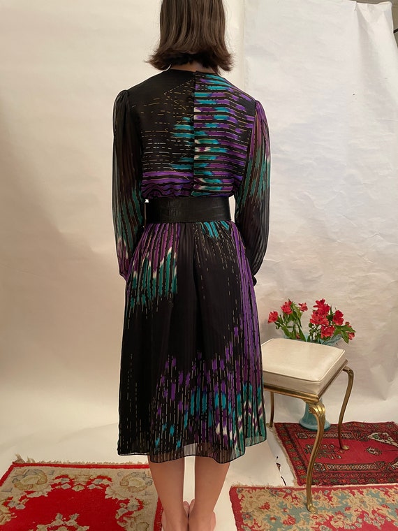 80's Hanae Mori black/purple/blue long sleeve dre… - image 3