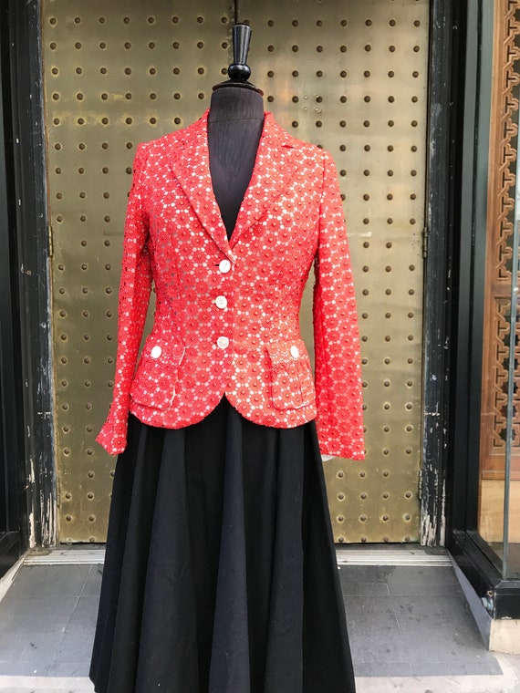 80's Rena Lange Eyelet Jacket, Red Cherry Crochet 