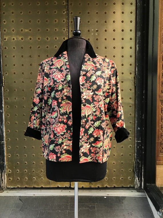 50's jacket with printed flowers and rhinestones … - image 3