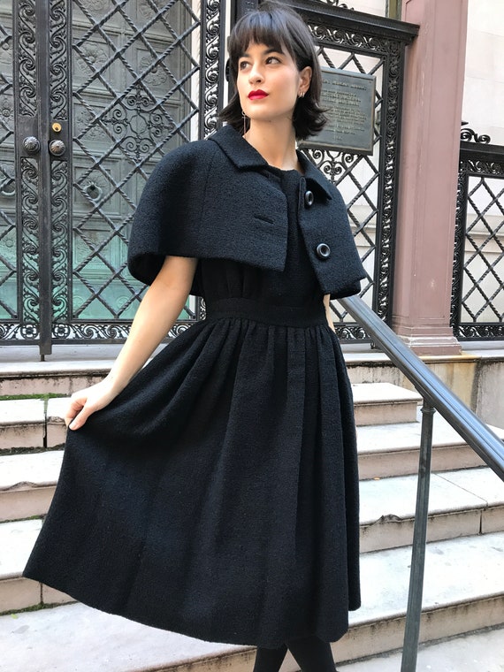 60's Traina Norell black wool boucle dress and cap