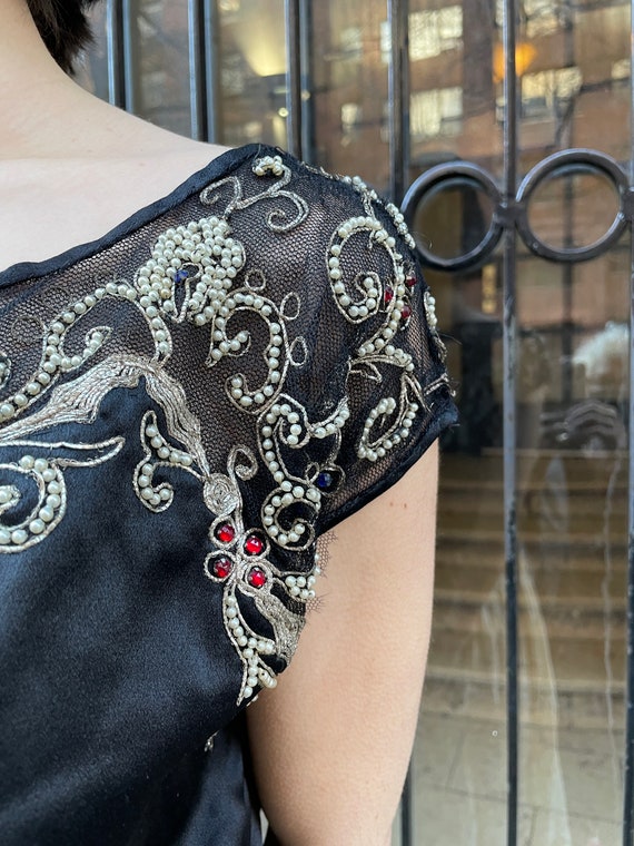 20s silk satin black top. bejeweled short sleeve … - image 3