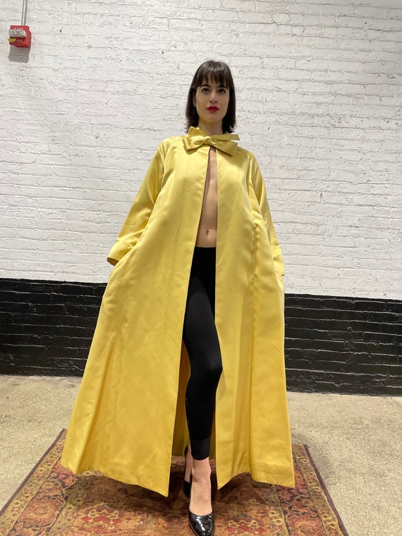 50's silk mustard open coat, vintage coat, winter