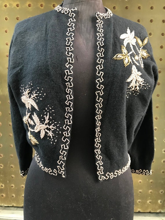50's black wool beaded sweater