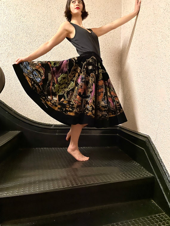 Fantastic 50s Painted Velvet Sequin Circle Skirt,