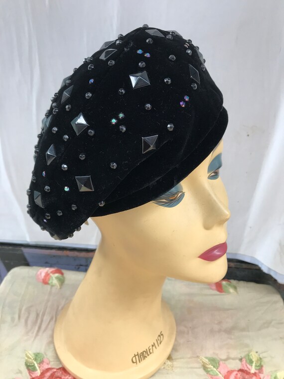 50's Lilly Daché black slanted velvet hat