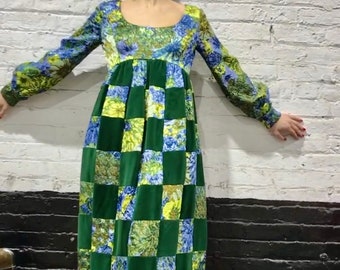 60s Elizabeth Arden New York gown. green blue Yellow velvet with floral quilted pattern