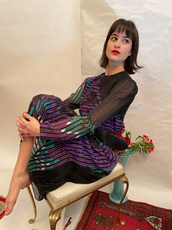 80's Hanae Mori black/purple/blue long sleeve dres