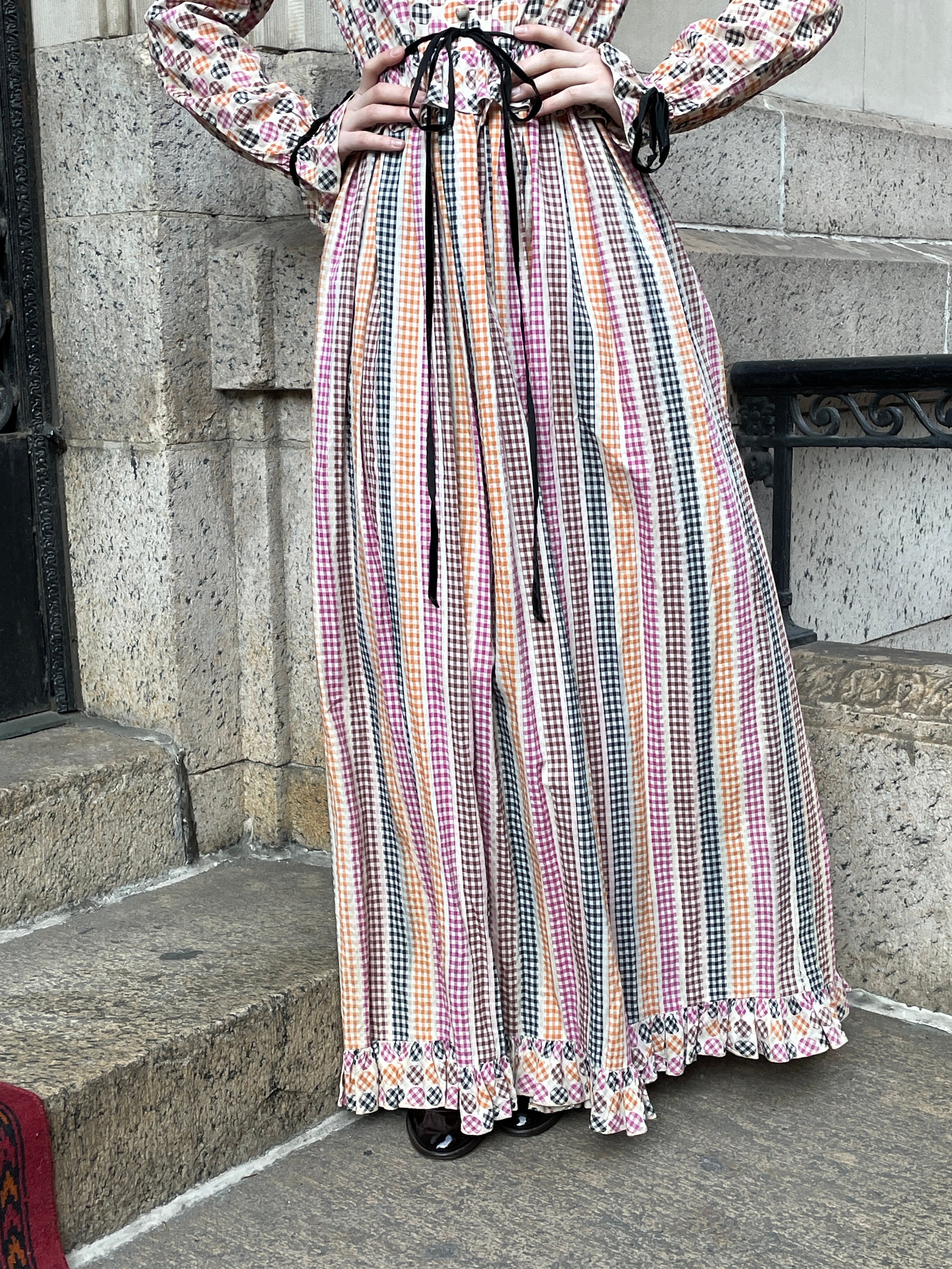 70's Cotton Maxi Dress ,circle Stripe Print, Multi Color