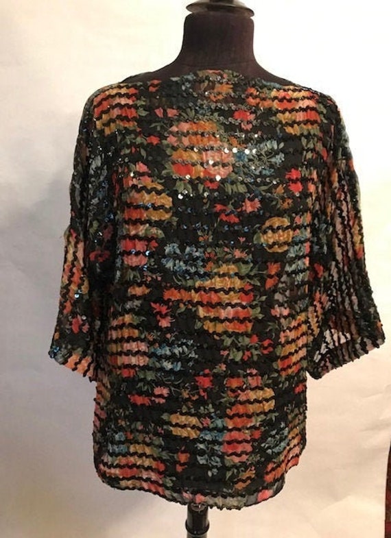 70’s Sequins Sheer Cabbage Rose Blouse, sheer top,