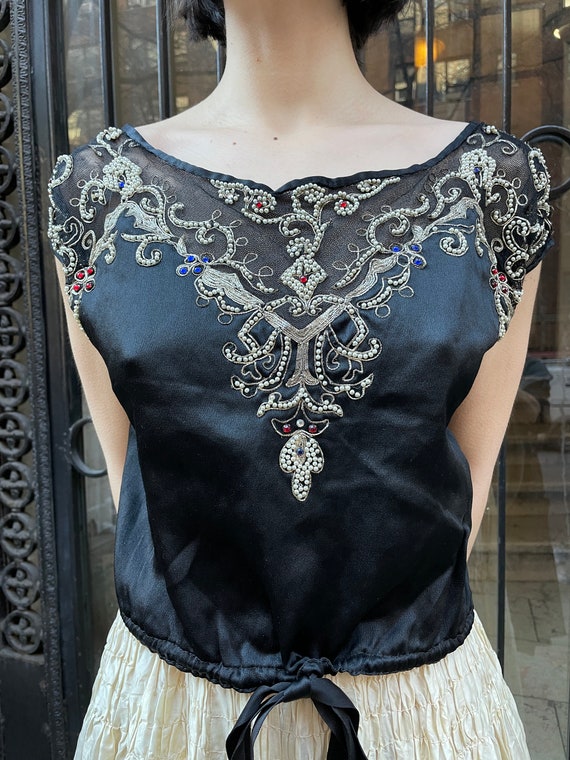 20s silk satin black top. bejeweled short sleeve … - image 1